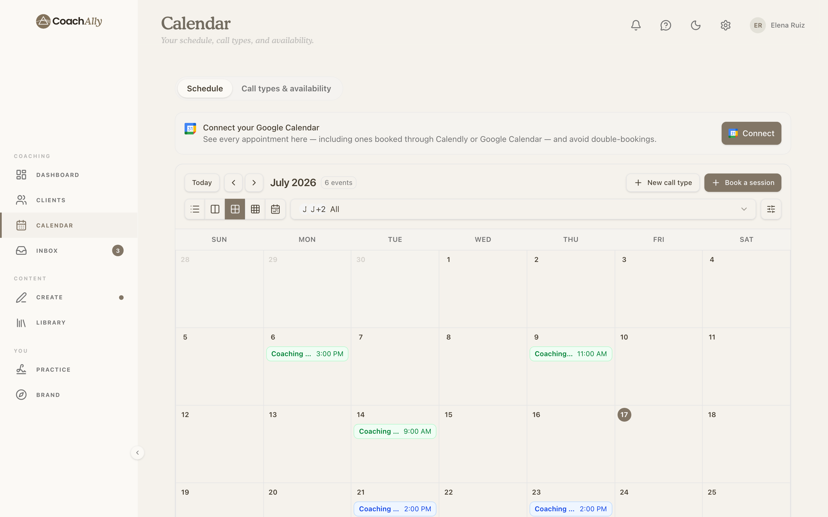 The CoachAlly calendar