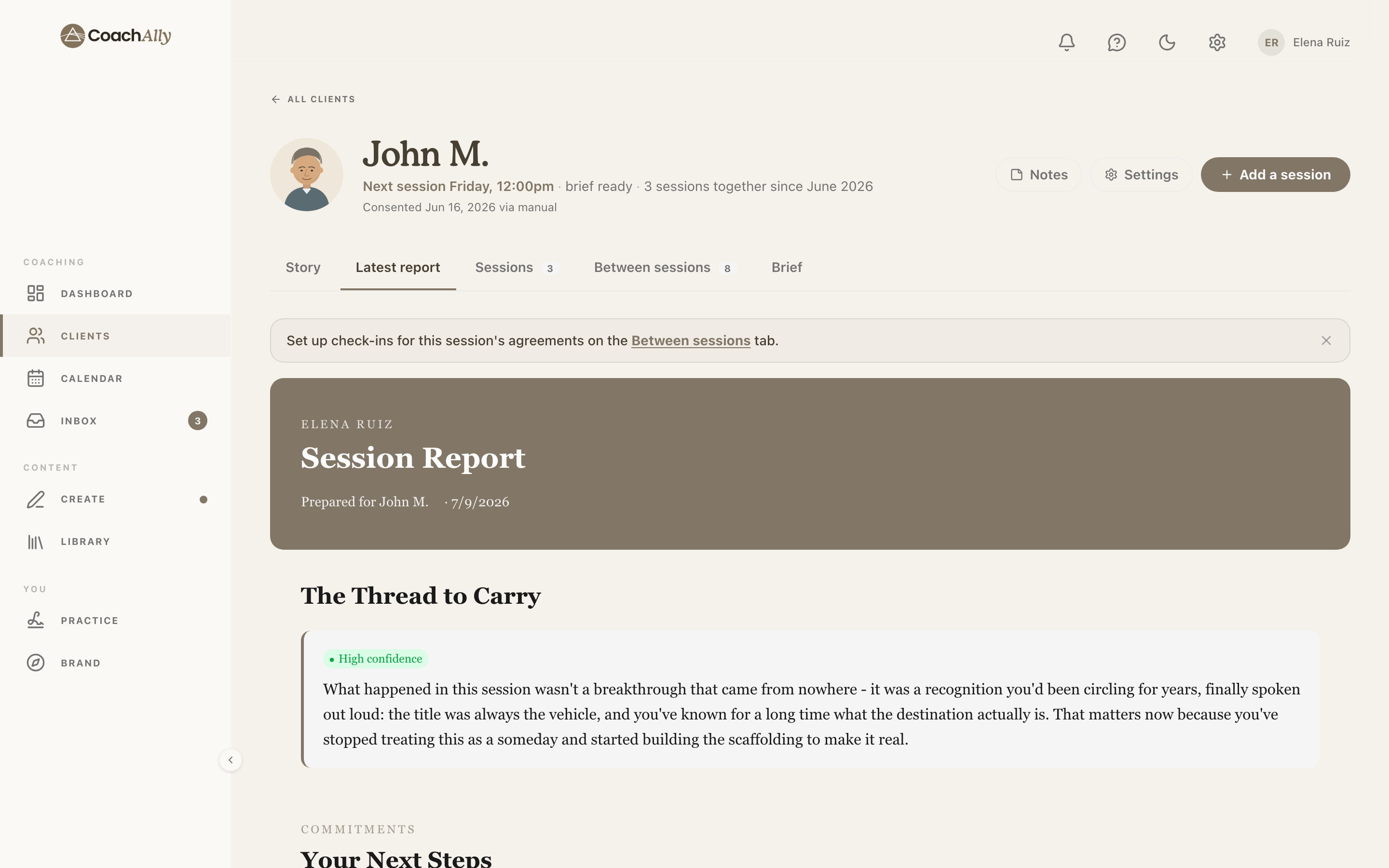 A client's session report